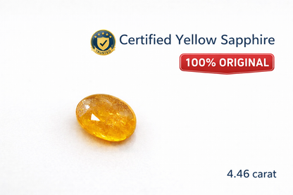 💎 4.46 Carat Natural Yellow Sapphire (Pukhraj) | 🛡️ Lab Certified | ✅ 100% Original