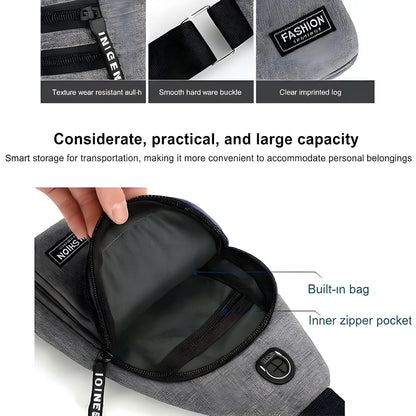 Waterproof Anti Theft Cross-body fanny pack waist bag, Shoulder Bags Chest Men Casual fashion USB Charging earphone hook Sling Travel Bag (1 Pc)