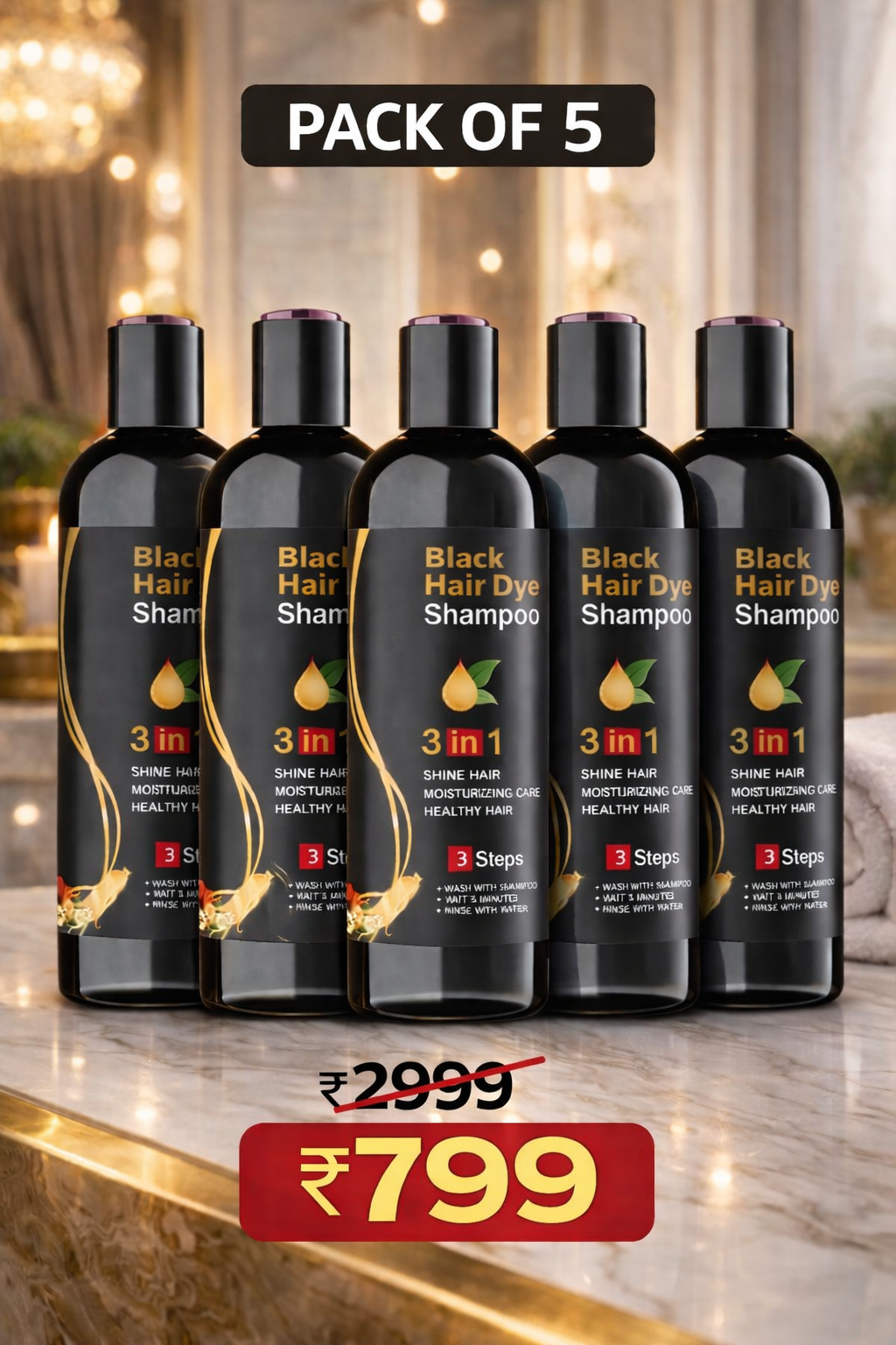 🖤✨ Instant Black Herbal Hair Dye Shampoo – 3-in-1 Grey Coverage | Unisex | Pack of 5 (100ml Each)