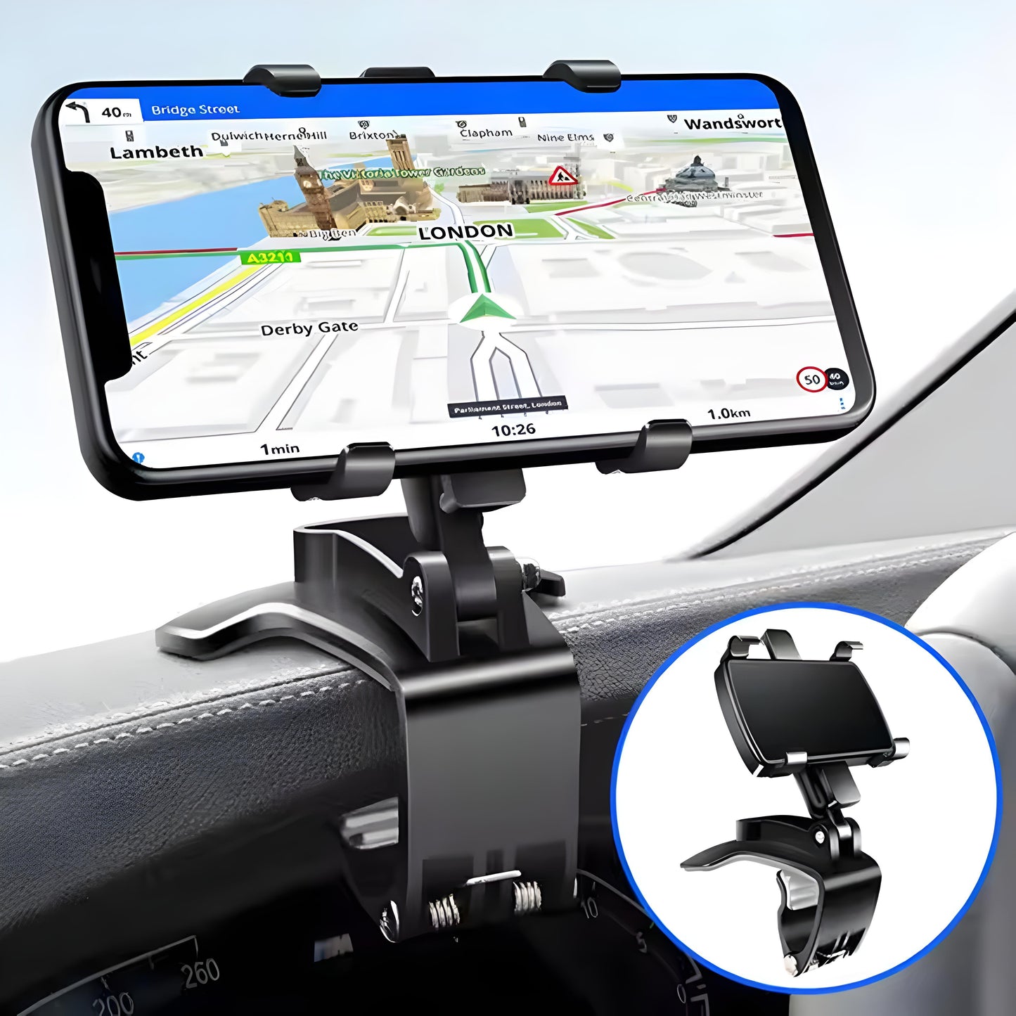 Car Phone Holder Clip Mount 360 Degree Rotation Dashboard Rear View Mirror Sun Visor Smartphone HUD Navigation Fold Stand Plastic Black Compatible For All Smart Phones