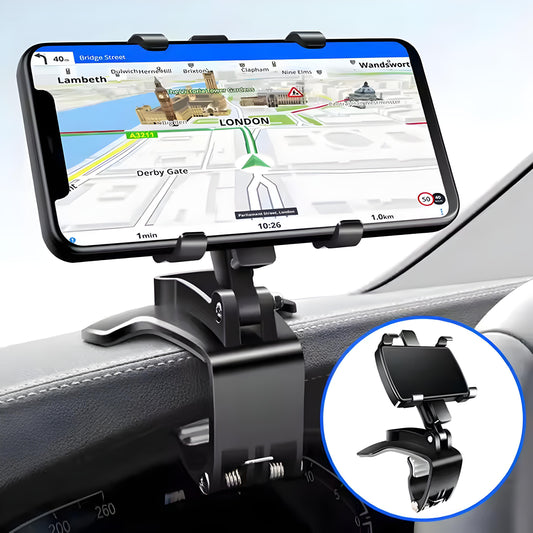Car Phone Holder Clip Mount 360 Degree Rotation Dashboard Rear View Mirror Sun Visor Smartphone HUD Navigation Fold Stand Plastic Black Compatible For All Smart Phones